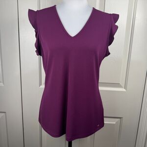 Calvin Klein Women Top Sz M Purple Knit VNeck Cap Ruffle Sleeve